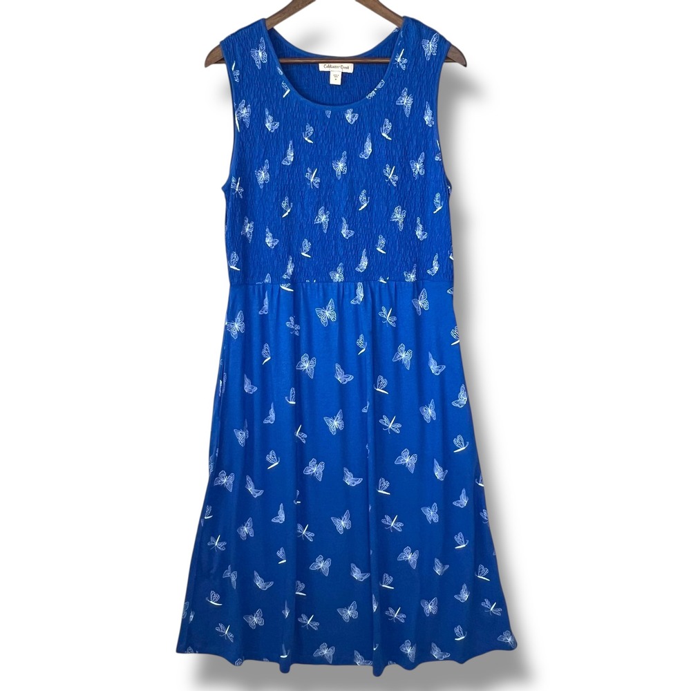 Coldwater‎ Creek Dress M Butterfly Dragonfly Smock Bodice Blue Coastal Whimsical